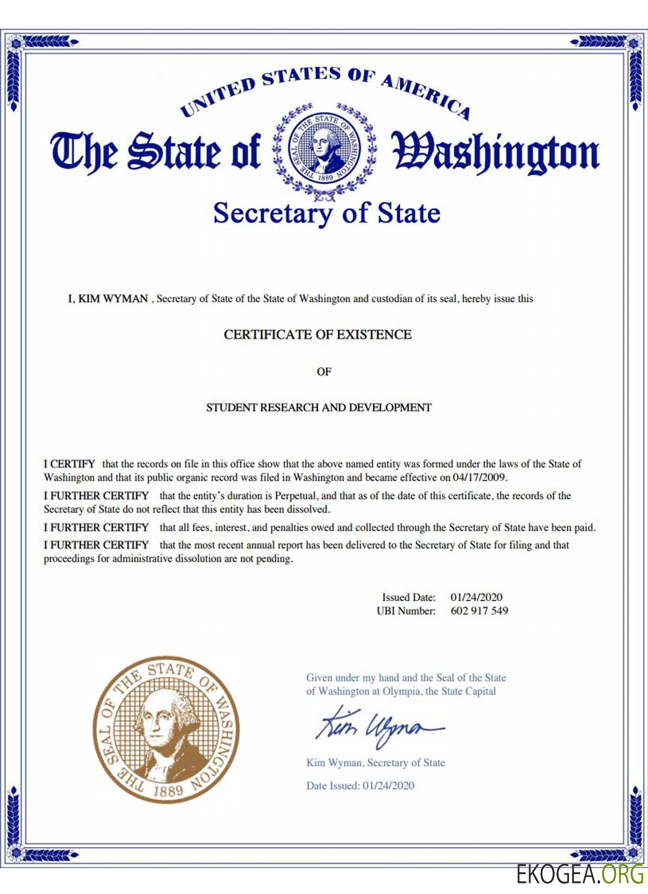 Certificat de bonne réputation aux États Unis, Washington